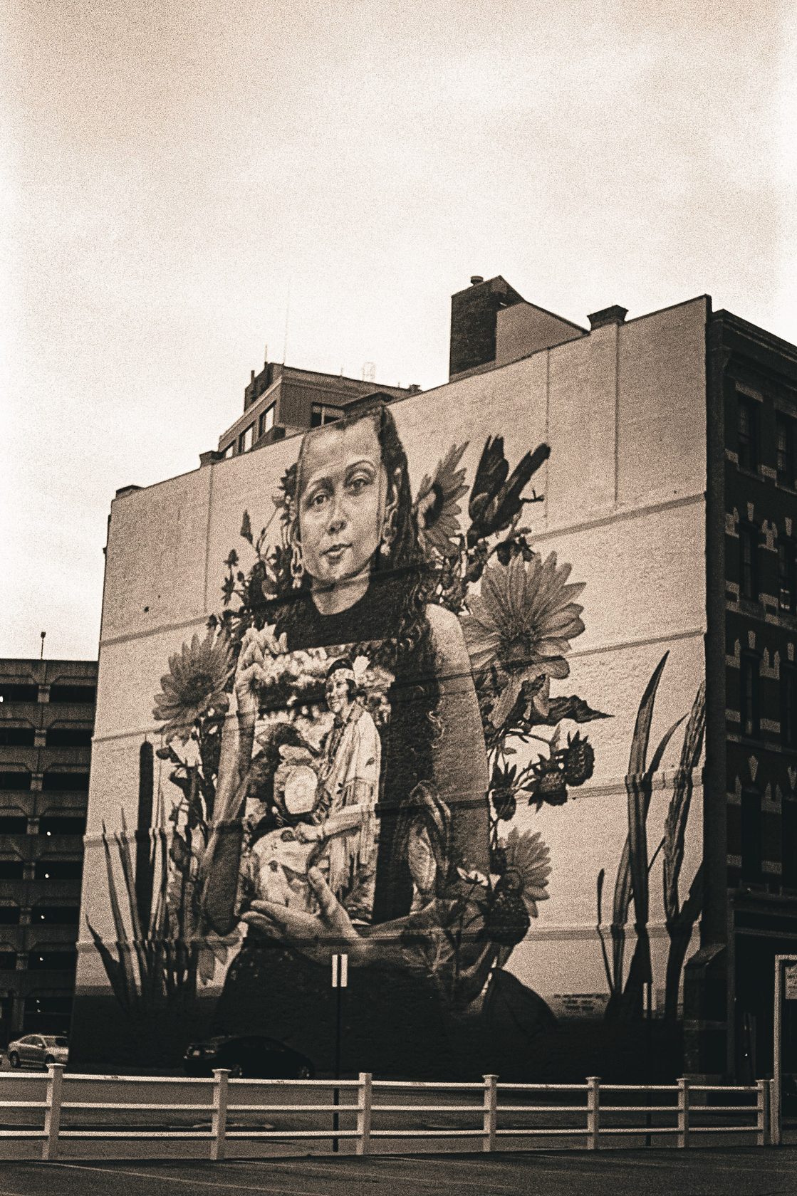 A building facade painted with a large mural